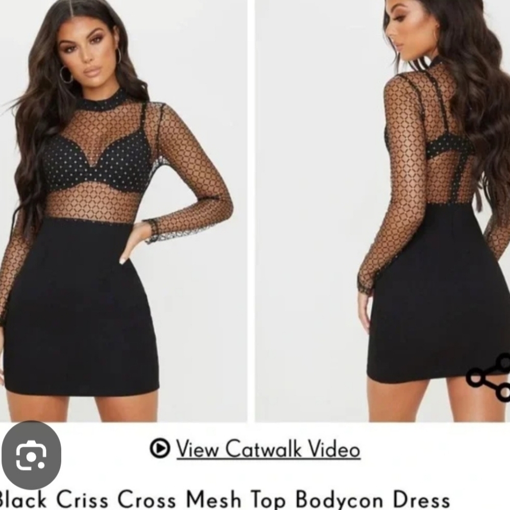 Prettylittlething Black Criss Cross Mesh Top Bodycon Dress Glitter Club Party 12